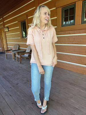 Question Answered Thermal Short Sleeve Henley Hoodie in Blush