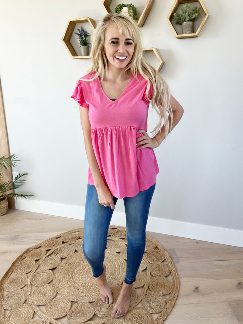 Conquer Fashion V-Neck Ruching Short Sleeve in Pink Lemonade