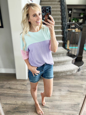 Calling Your Name Color Block Top in Mint Pink and Lavender