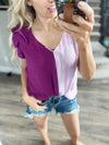 Matchmaker Color Block Ruffle Sleeve Top in Lilac and Plum