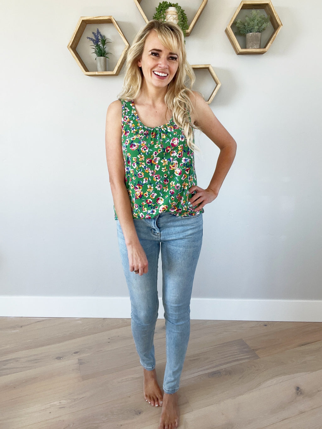 Viral Floral Print Tank in Kelly Green