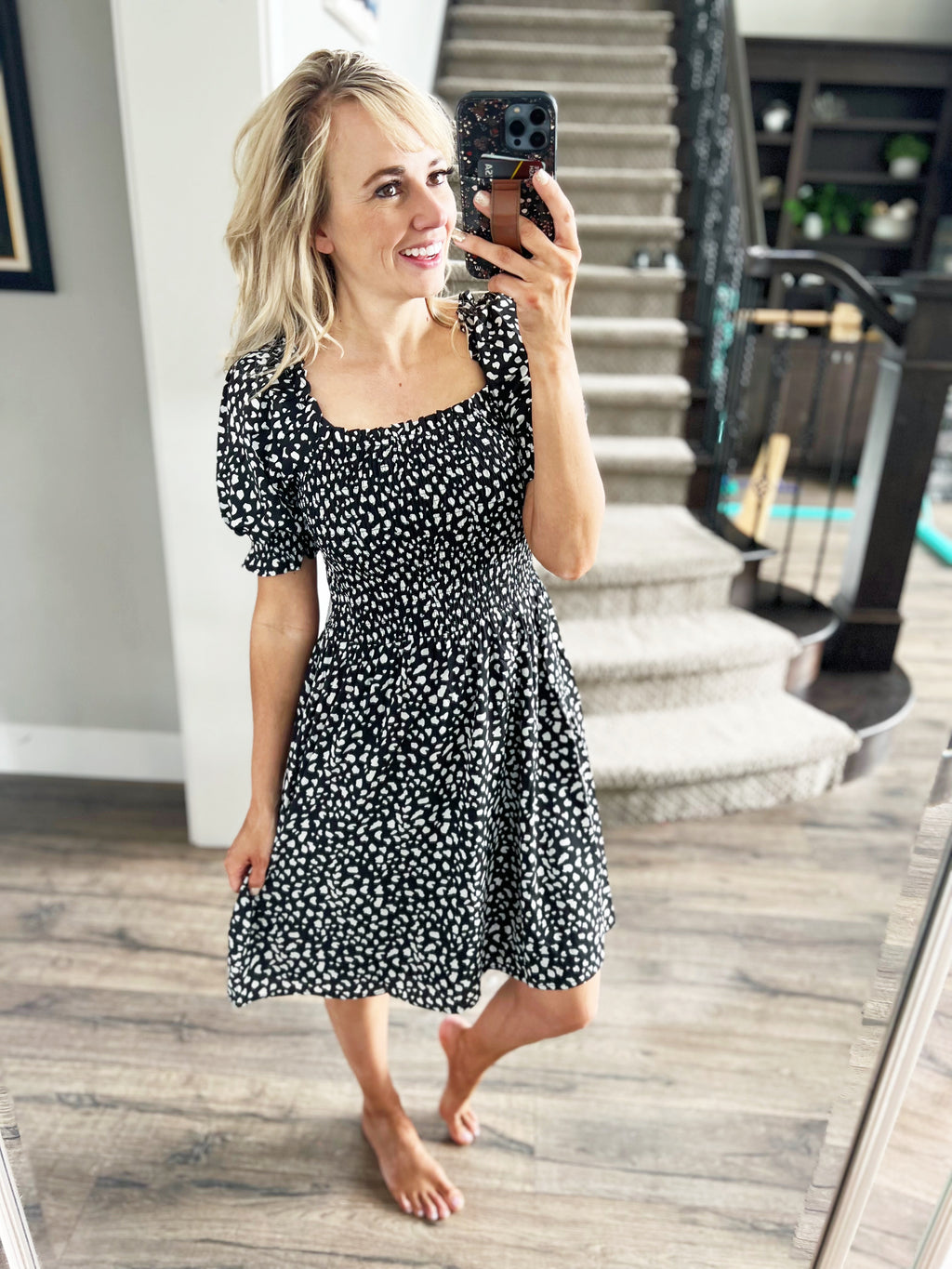 Courage and Style Printed Puff Sleeve Dress in Black