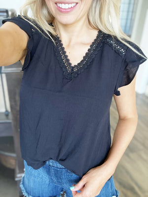 Whimsical Scallop Lace Ruffle Sleeve Top in Black