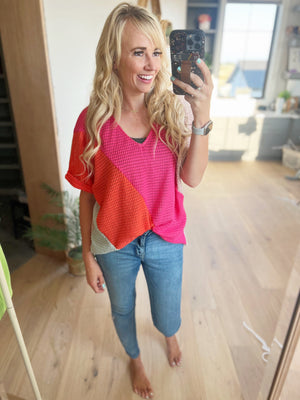 Rattled Popcorn Color Block Top in Pink, Fuchsia, Orange and Sage