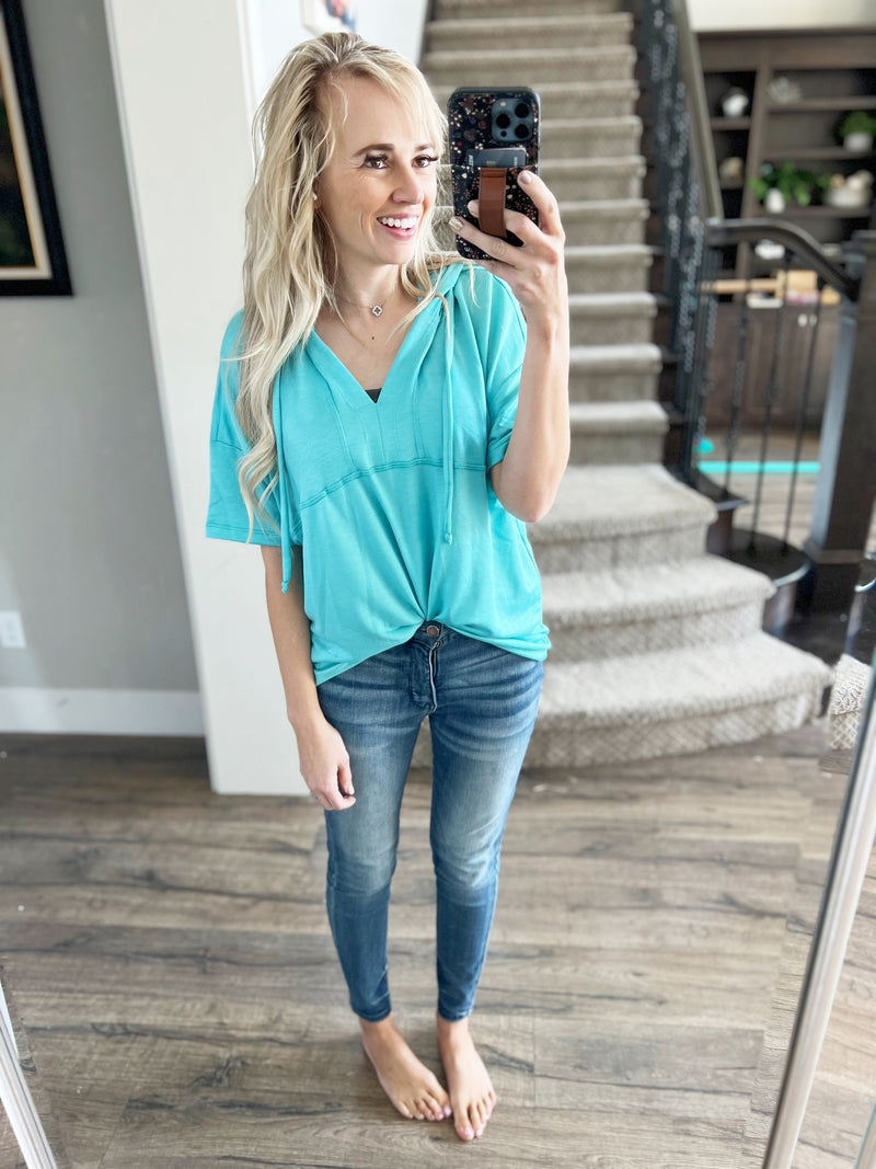 She's A Fighter Short Sleeve Hooded Top in Seafoam Green