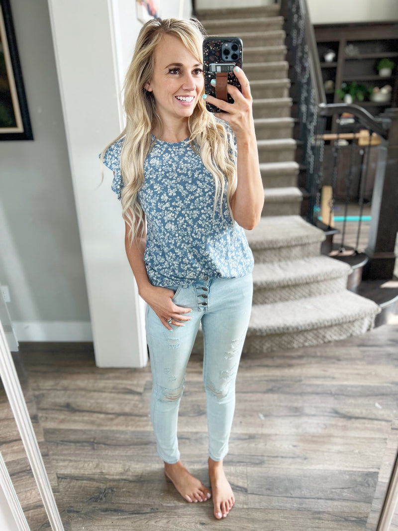 Ditzy Dainty Floral Ruffle Sleeve in Denim Blue