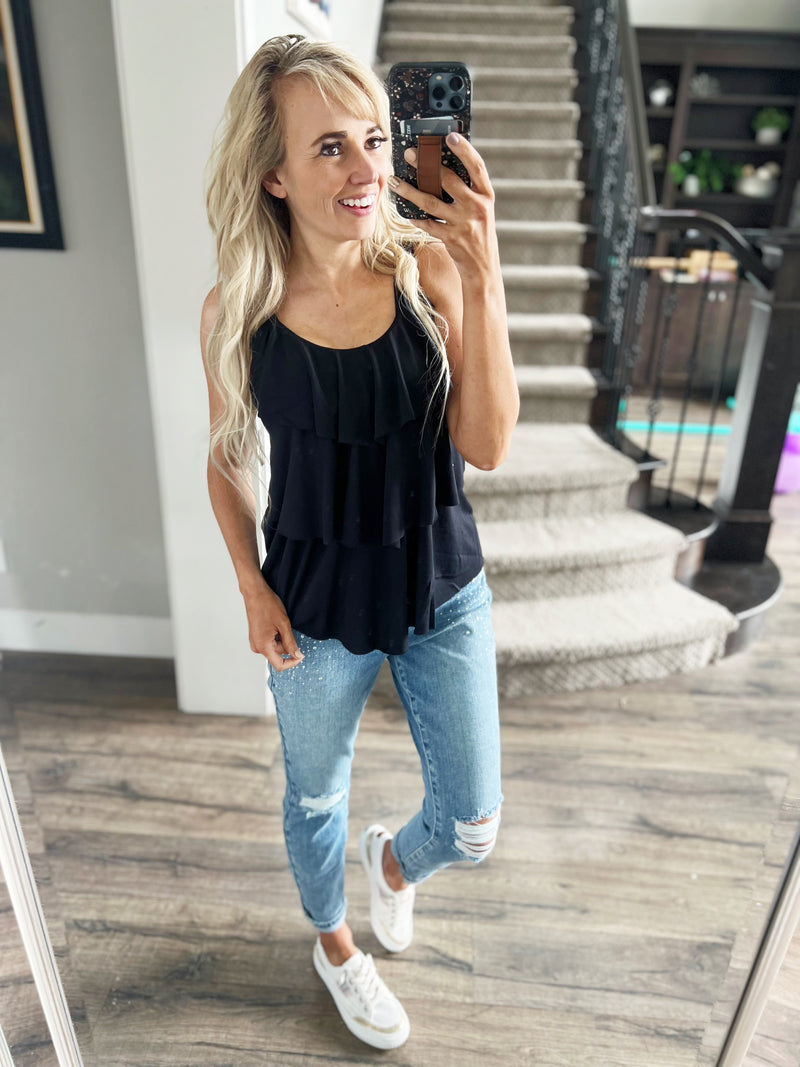 Steady On Ruffle Tank Top in Black