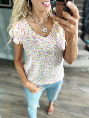 Take the Cake Floral Ruffled V-Neck Blouse in Fuchsia