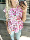 Glamping Floral Ruffle Cap Sleeve Blouse in Pink