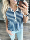 Social Butterfly Striped Henley Tank in Denim