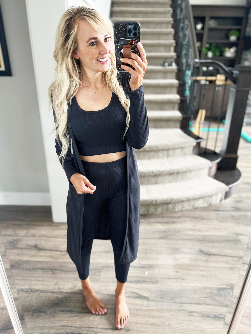 All Over The Place Ribbed 3 Piece Leggings Set in Black