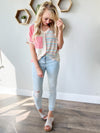 Make Your Move V-Neck Color Block Short Sleeve in Oatmeal, Coral, and Teal