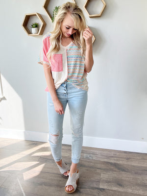 Make Your Move V-Neck Color Block Short Sleeve in Oatmeal, Coral, and Teal