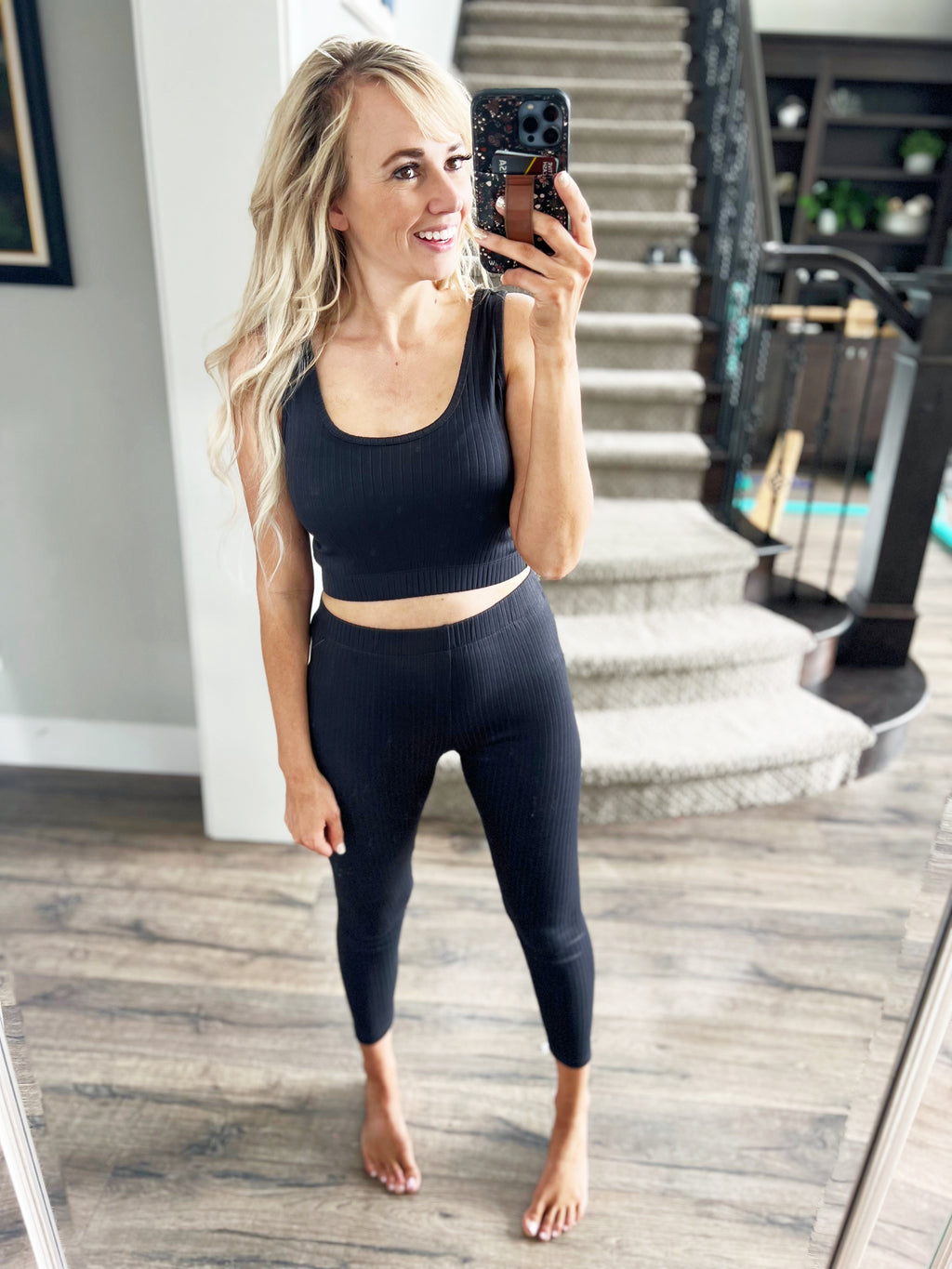 All Over The Place Ribbed 3 Piece Leggings Set in Black