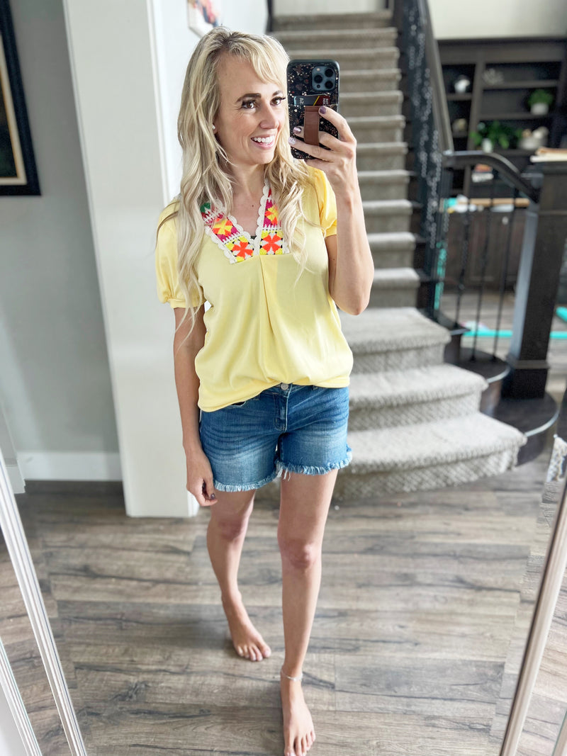 My Whole World Floral Trimmed Short Sleeve in Yellow