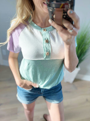 You Got Style Color Block Top in Sage Lavender and Ivory