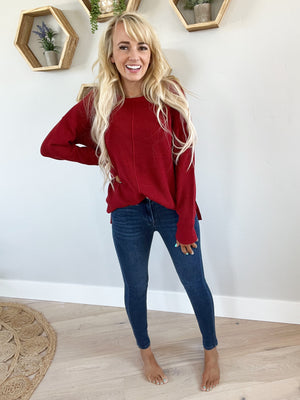 In the Know Crew Neck Long Sleeve Sweater in Burgundy