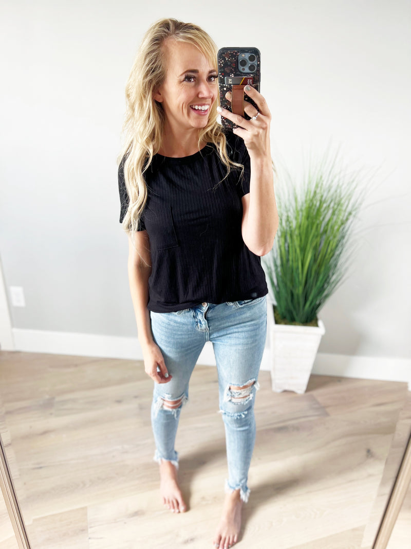 Meet Me in the Middle Ribbed Short Sleeve in Black