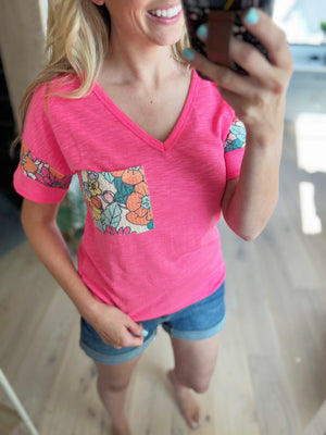 In the Game Floral Contrast Top in Neon Pink