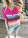 What Happens Next Solid and Striped Top with Button Detail in Fuchsia