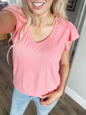 Brave Girl Flutter Sleeve Top in Light Coral