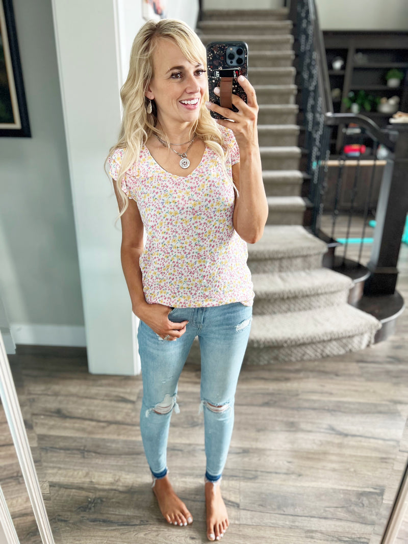 Take the Cake Floral Ruffled V-Neck Blouse in Fuchsia