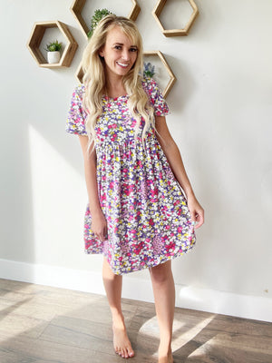 Meet Me There Floral Babydoll Dress in Lavender and Fuchsia