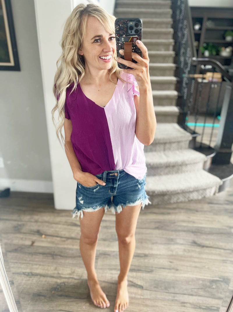 Matchmaker Color Block Ruffle Sleeve Top in Lilac and Plum