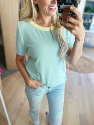 Different Points of View Contrast Banded Top in Mint, Banana, & Blue