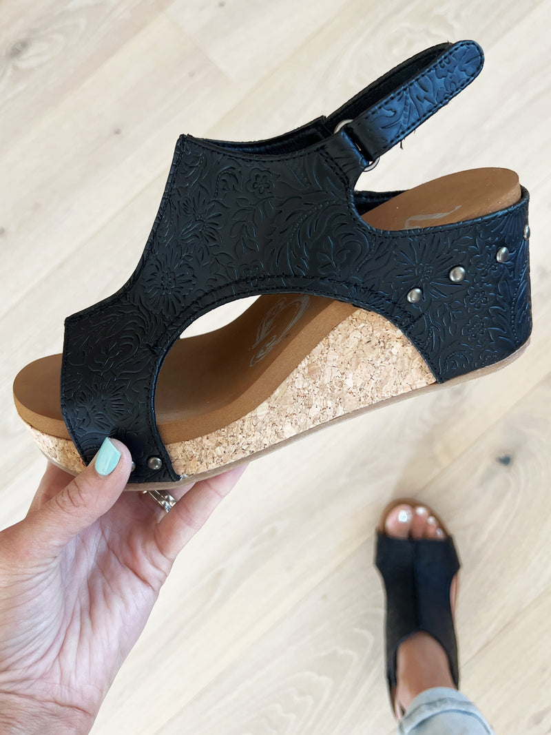 Very G Broken Promises Tooled Wedge Sandals in Black (SALE)
