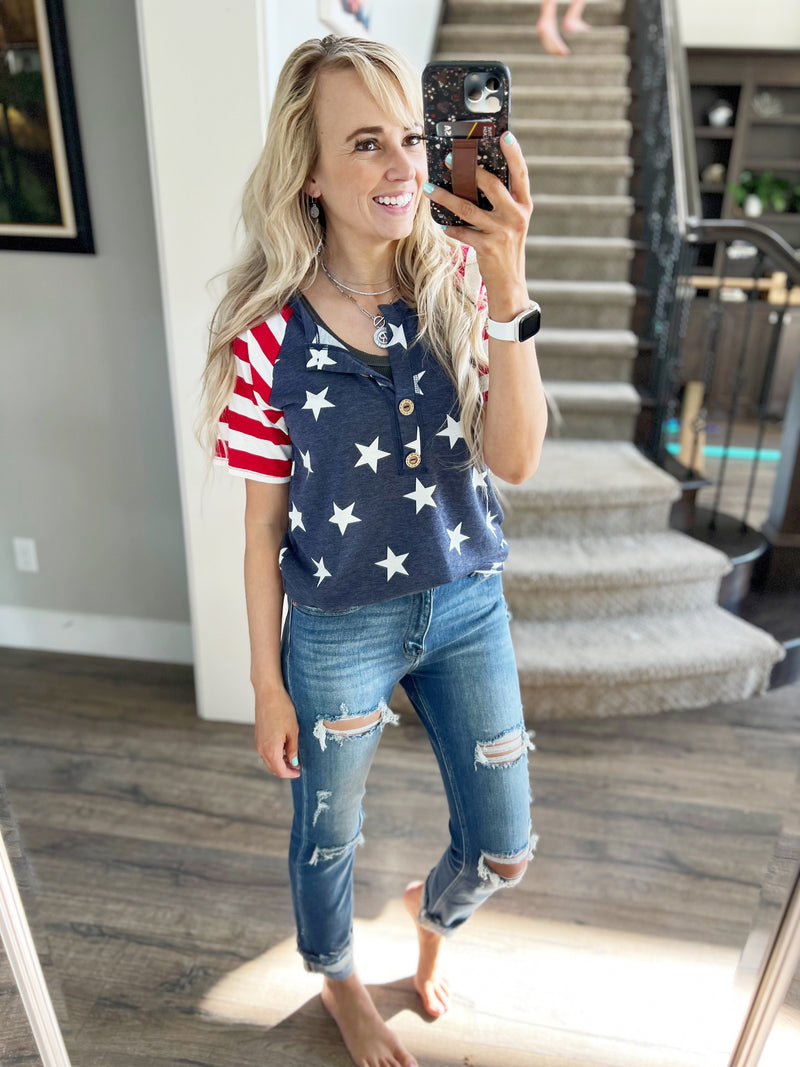 4th of July Parade Flag Themed Top with Button Front