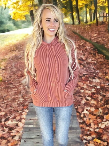 There For You Ribbed Hoodie in Rust – Ivory Gem