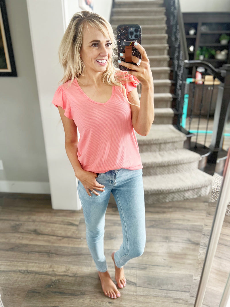Brave Girl Flutter Sleeve Top in Light Coral