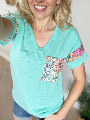 In the Game Floral Contrast Top in Neon Mint