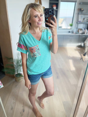 In the Game Floral Contrast Top in Neon Mint