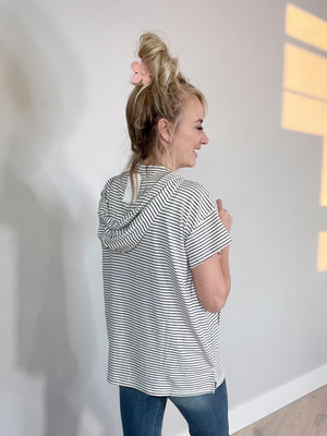 Got Your Attention Short Sleeve Striped Hooded Top in Black and White