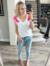 Big Story Ruffle V-Neck Blouse in Fuchsia and Pink