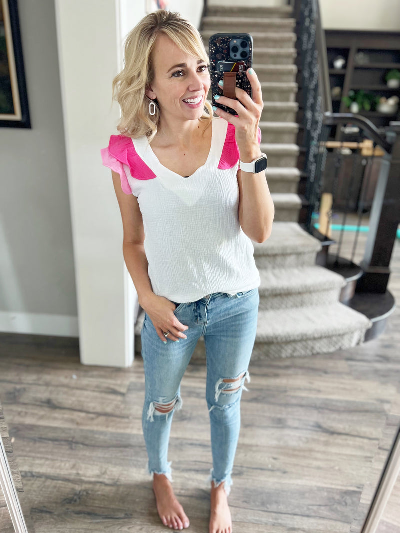 Big Story Ruffle V-Neck Blouse in Fuchsia and Pink