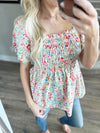 Cottage Trendy Puff Sleeved Top with Smocking in Off-White
