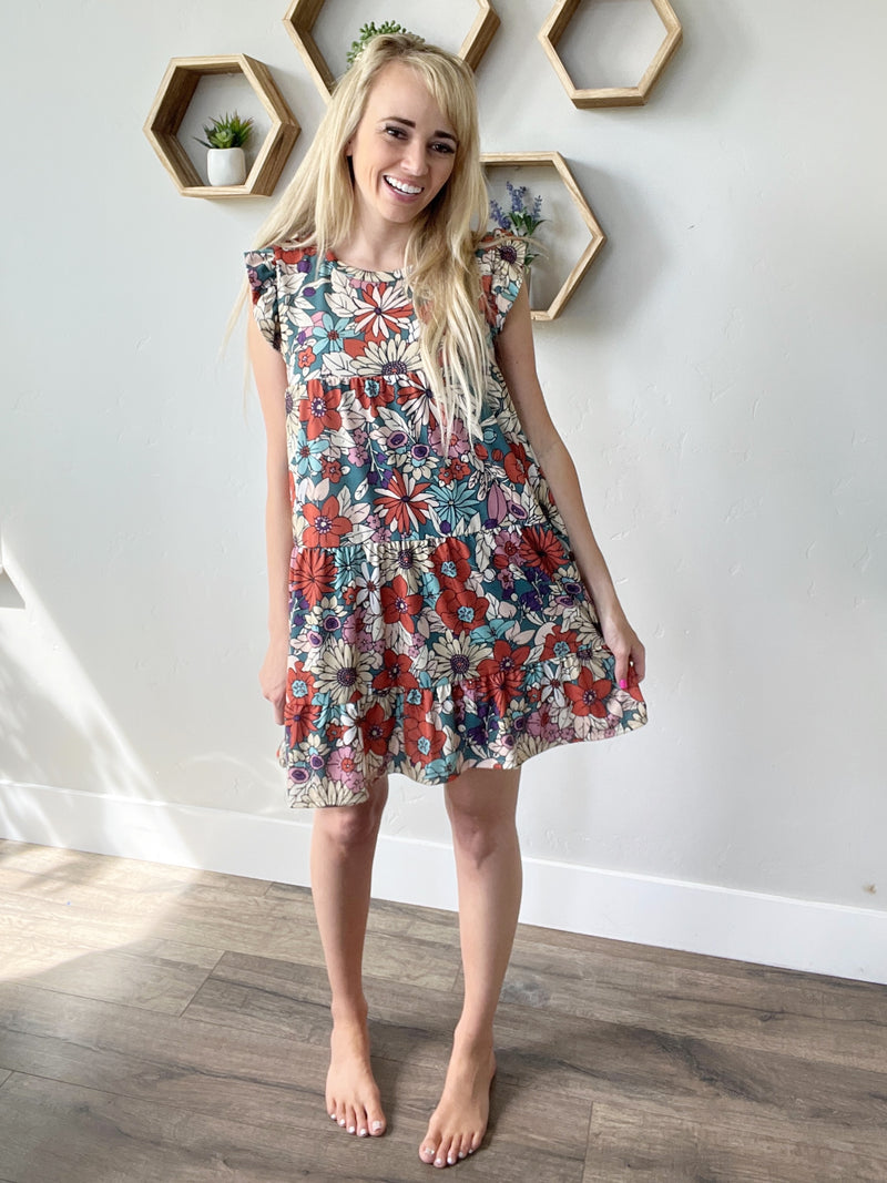 Back to Life Floral Print Tiered Dress in Teal and Poppy