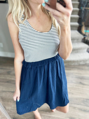 Mixed Media Dress in Navy Stripe