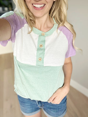 You Got Style Color Block Top in Sage Lavender and Ivory