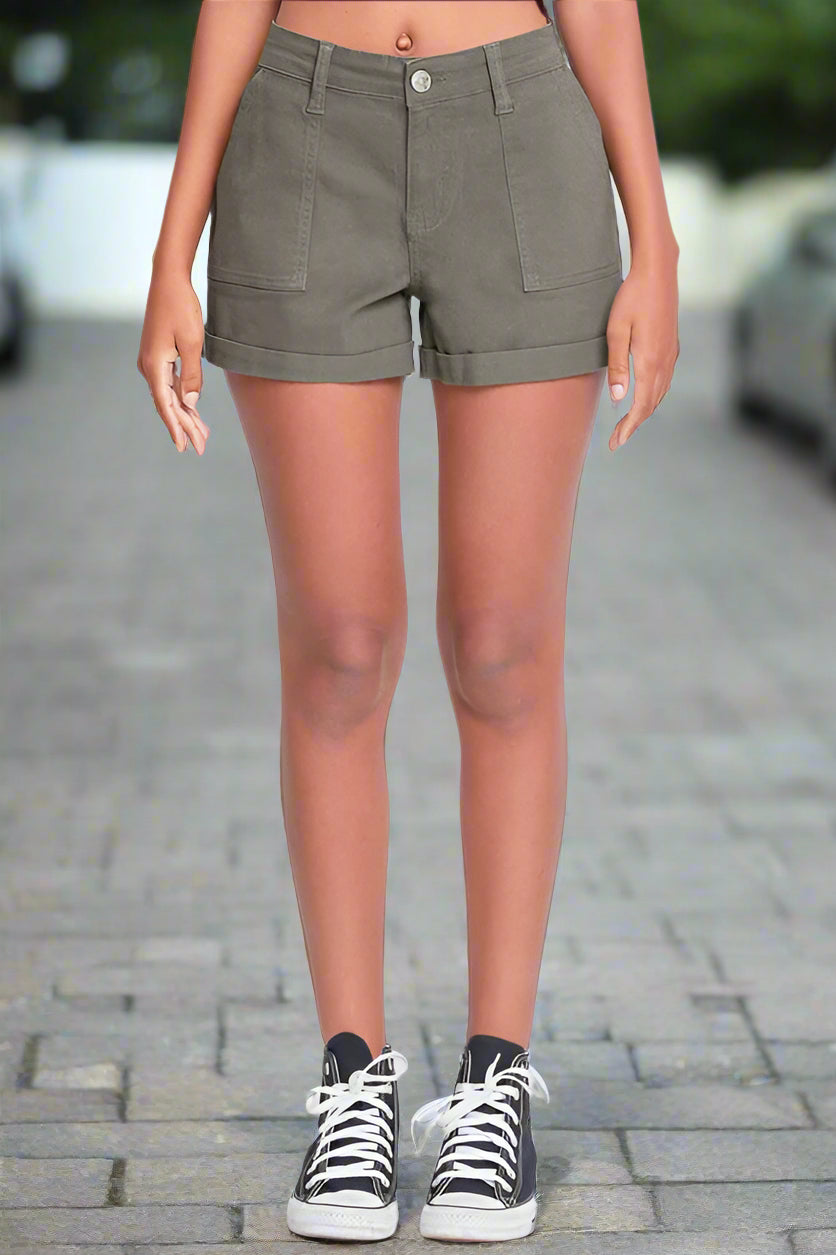 YMI Junior Mid-Rise Rolled Cuffed Shorts in Olive (SALE)
