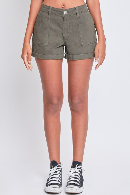 YMI Junior Mid-Rise Rolled Cuffed Shorts in Olive