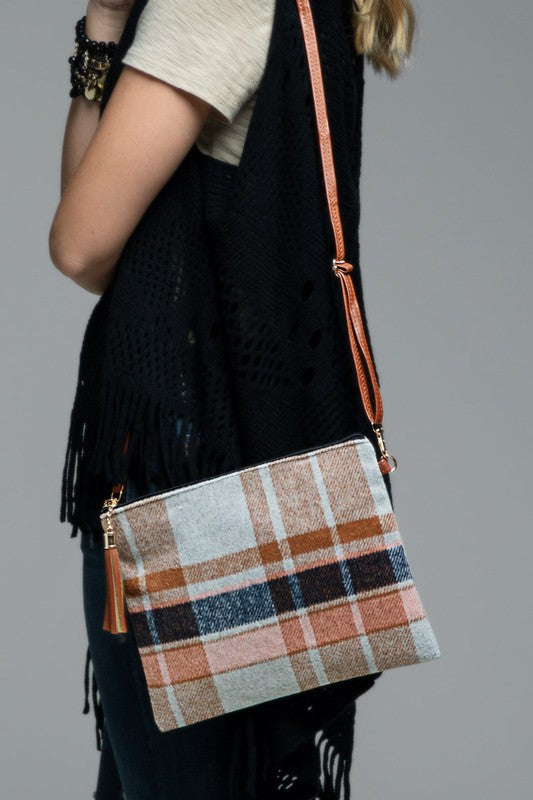 Gray Plaid Cross Body Bag