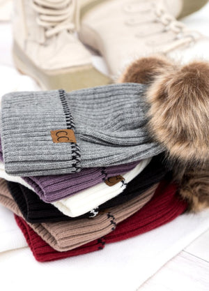 CC Solid Accent Cuff Fur Pom Beanie (Multiple Colors)