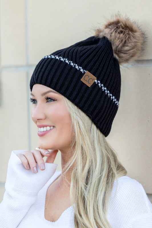 CC Solid Accent Cuff Fur Pom Beanie (Multiple Colors) (SALE)