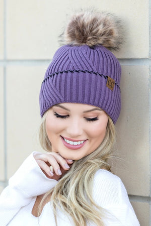 CC Solid Accent Cuff Fur Pom Beanie (Multiple Colors)