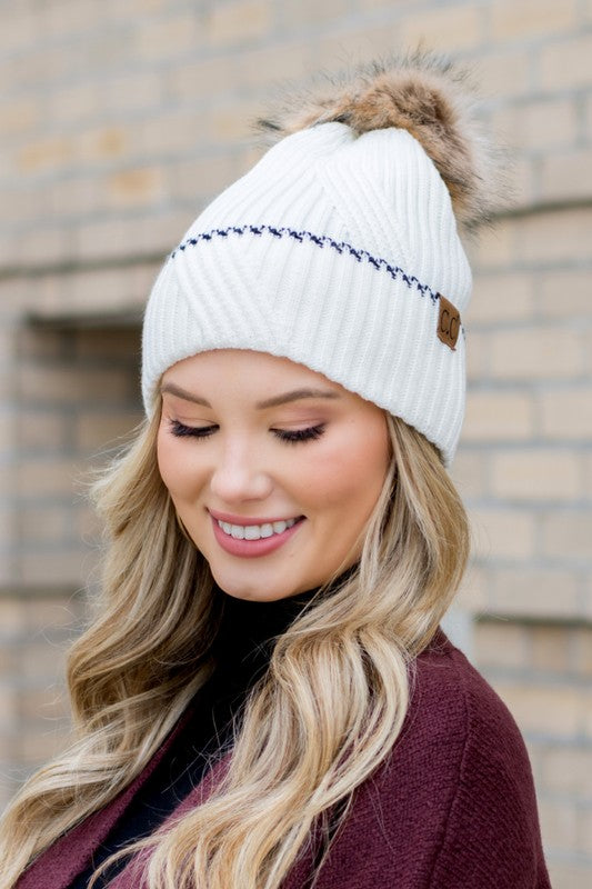 CC Solid Accent Cuff Fur Pom Beanie (Multiple Colors) (SALE)