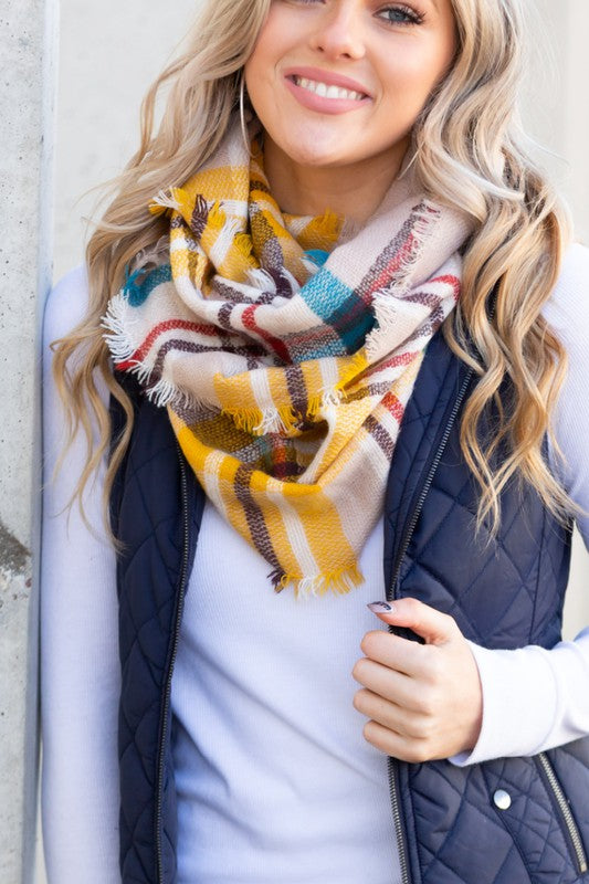 Plaid Infinity Scarf in Beige/Blue/Mustard